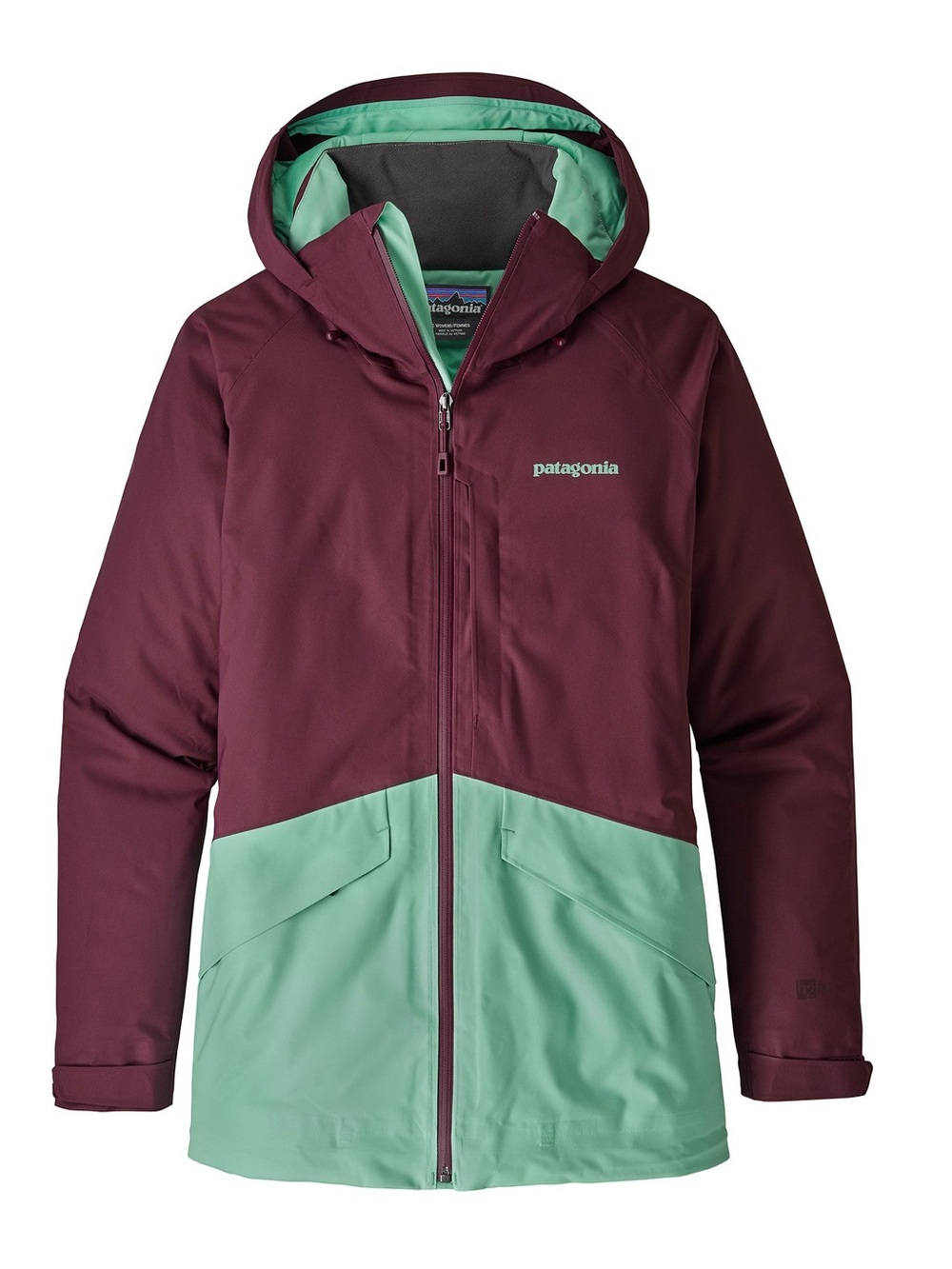 Patagonia Women’s Insulated Snowbell Maroon and Mint Hooded Jacket